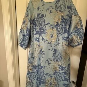 Teri Jon Blue and Gold Long Sleeve Dress